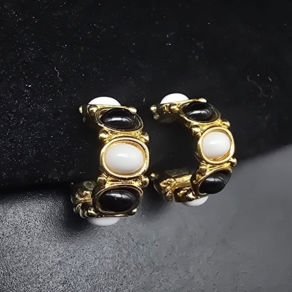 Monet Black White Huggie Hoop Earrings Clip On Vintagew Costume